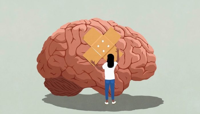 Ilustração de um cérebro com um curativo colocado por uma mulher - Metrópoles