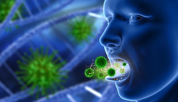 1 de 1 Ilustração em azul e verde de humano com pequenas bactérias saindo da boca - Metrópole...