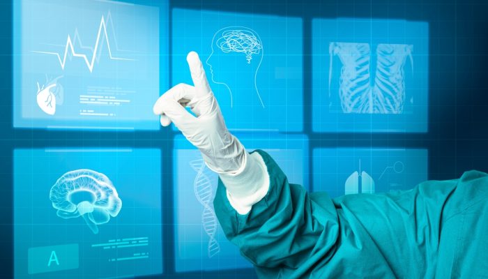 1 de 1 Mão em luva médica apontando para a tecnologia médica de tela virtual. Conceito de IA n...