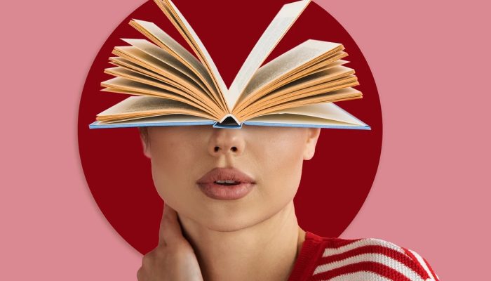 1 de 1 Montagem em tons de vermelho e rosa, mostram a face de uma mulher com um livro no lugar da...